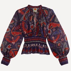 FARM Rio Tropical Shine V-neck blouse size Medium color: dark blue